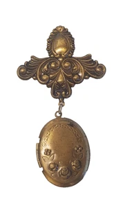 Vintage 2 Pic Medaillon hängende Brosche goldfarben geätzt oval florales Design 3809JR - Bild 1 von 7