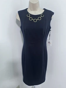 Calvin Klein Women's Sleeveless Scuba Sheath Dress w/Gold Rings Navy Sz 2 NWT - Picture 1 of 5
