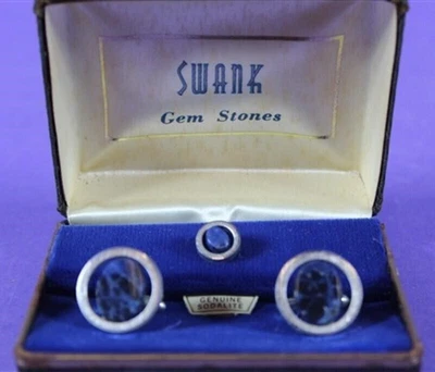 Juego de gemelos y corbatas de sodalita Swank vintage 💎 Piedras preciosas de mediados de siglo en caja Foto 1 de 4