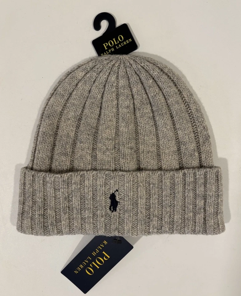 Polo Ralph Lauren Logo Pony Gray Wool Knit Cuffed Beanie Hat Cap Men’s OS NWT - Image 1 of 4