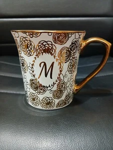 10 Strawberry Street "M" Monogrammed Cof$ee Mug With Gold Handle & Flowers - Picture 1 of 6