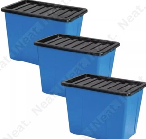 Plastic Storage Box 80L Blue 40cm W 60cm L 42cm H Black Lid Pack 3 - Picture 1 of 7