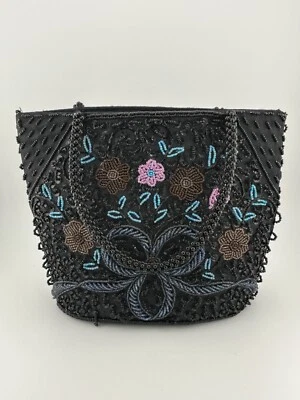 Beaded Handbag Purse Black Blue Pink Brown Flowers Floral 7 x 9 - Image 1 of 4