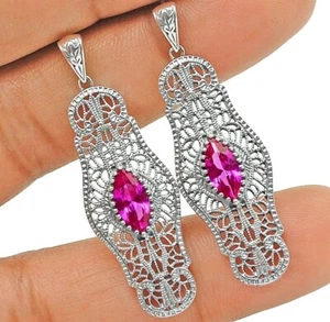 2CT Treated Pink Sapphire 925 Sterling Silver Victorian Style Earrings - Picture 1 of 1