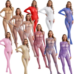 Womens Shiny Bodystocking Long Sleeve Sheer Full Body Stocking Tights Jumpsuit - Picture 1 of 159