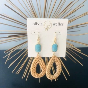 Olivia Welles Sandra Straw Drop Earrings, Turquoise/Tan, NWT - Picture 1 of 7