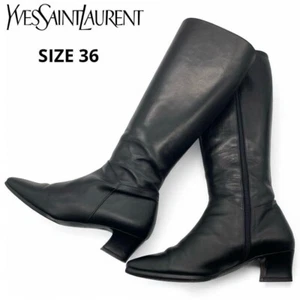 Yves Saint Laurent Long Boots Shoes Black Leather YSL Women's US6 / JP23 EX - Picture 1 of 10