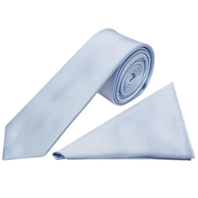 TIESRUS Plain Dusty Blue Satin Skinny Mens Tie and Pocket Square Wedding Formal Hanky