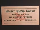 1920s SEA - LECT SEAFOOD CO. BALTIMORE MD OYSTERS CRABS FISH SHIPPING TAG CRAB