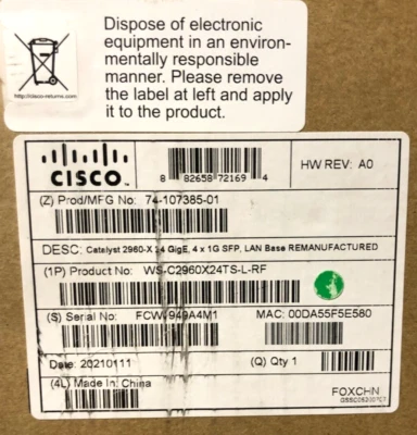 CISCO WS-C2960X24TS-L / Gigabit Ethernet switch / REMAN / CISCO CERTIFIED SEALED - Image 1 of 4