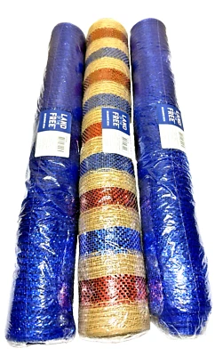 Lot of 3 Deco Mesh Metallic Red White & Blue 21 inch Patriotic Stripes July 4th - Image 1 of 2