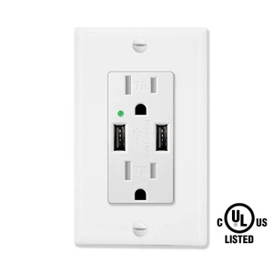 Dual USB Wall Outlet Tamper-Resistant 15A Power Socket Charger 2 Outlets TR NEW - Picture 1 of 12
