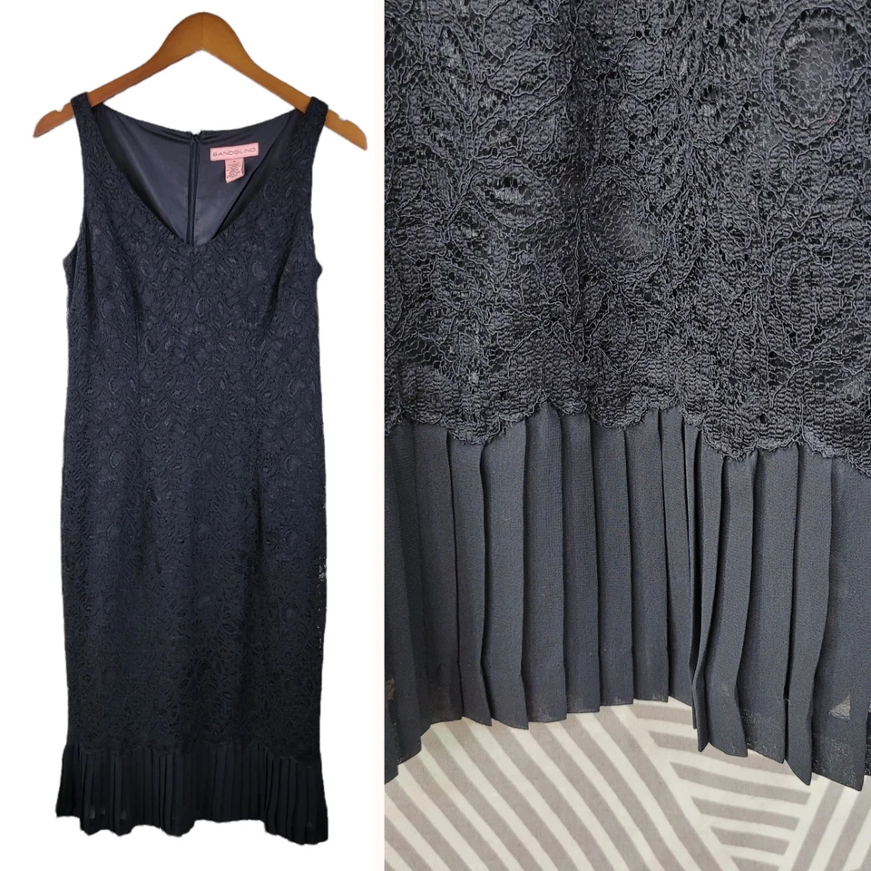 Vestido Bandolino tamanho 4 noite coquetel bainha renda LBD evento especial plissado - Imagem 1 de 4