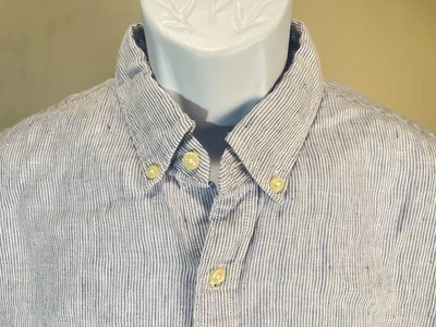 J. Crew Men's white and blue striped Linen Blend Slim Fit l/s shirt Large L EUC - Image 1 of 4