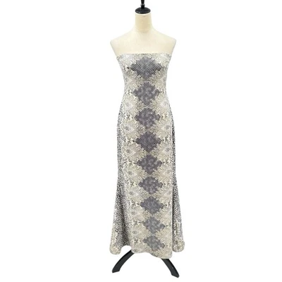 Nicole Miller 6 Black Cream Mixed Print Silk Blend Strapless Maxi Cocktail Dress - Image 1 of 4