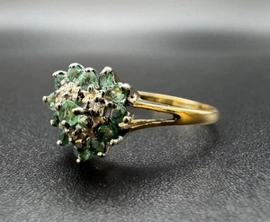 9k Yellow Gold Emerald & Diamond Heart Shaped Ring - Picture 1 of 9
