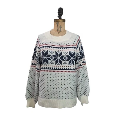 Abercrombie & Fitch Nordic Snowflake Fair Isle Sweater Blue White Red S EUC - Image 1 of 4