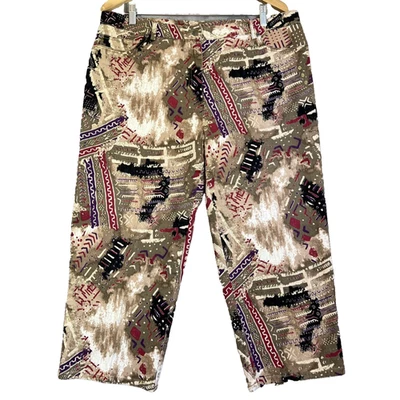 Hearts Of Palm Capri Pants Women 16 Tan Pink Tribal Pattern Stretch Cotton Twill - Image 1 of 4