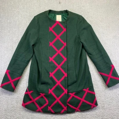 Elevenses Anthropologie Coat Womens 14 Green Pink Diamond Geometric Jacket - Image 1 of 4