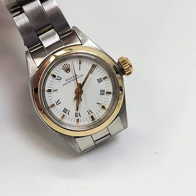Rolex Oyster Perpetual Ladies 26 mm Two Tone Oyster White Roman Watch 6618 1971 - Image 1 of 4