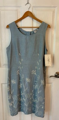 Studio Ease  Vintage Dress Womens 14 Lagenlook Sleeveless Blue Embroidered Linen - Image 1 of 4