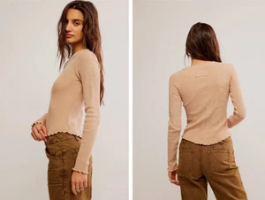 We The Free by Free People Waffle Knit Thermal Top NWT Small Cuban Sand Beige - Picture 1 of 11
