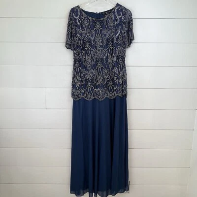 Pisarro Nights Beaded Bodice Maxi Gown Sequin Short Sleeve Women 14P Blue - Image 1 of 4