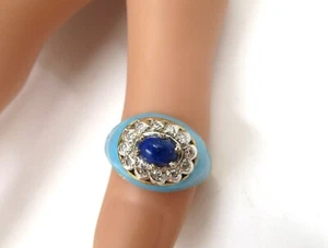 OUTSTANDING 14K BLUE LAPIS LAZULLI DIAMOND TURQUOISE ENAMEL RING SIZE 6 3/4 - Picture 1 of 11
