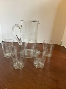 Vintage Clear Optic Glass Picture Floral Etched With 4 Glasses - Picture 1 of 14