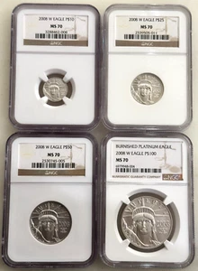 2008-W 4-COIN BURNISHED PLATINUM EAGLE STATUE OF LIBERTY SET NGC MS70 - Picture 1 of 2