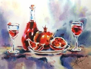 Original watercolor painting Fruit still life Red wine painting 12"x16" - Picture 1 of 2