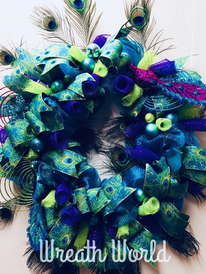TURQUOISE PEACOCK WREATH 28”x39”!  NEW HANDMADE LARGE - Image 1 of 4