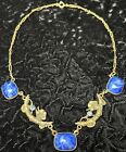 Antique ART DECO Czech Royal Blue Satin Glass & Brass Necklace 