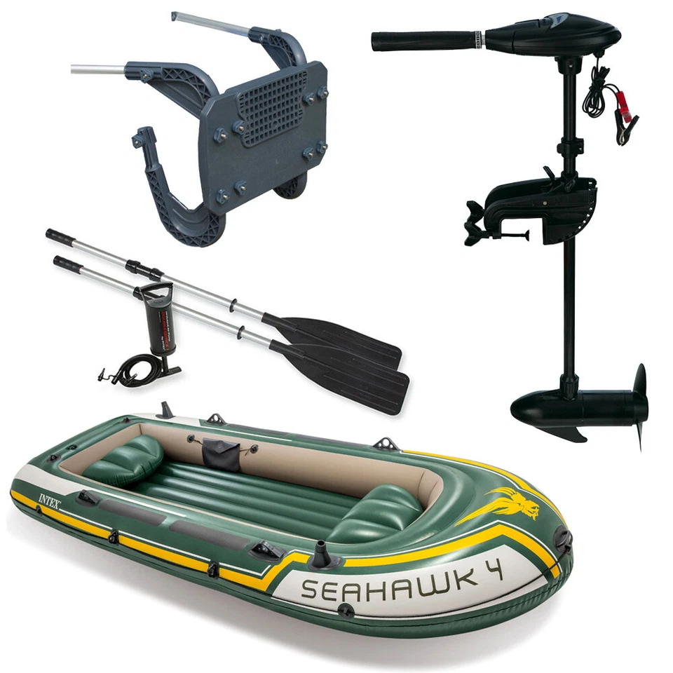 SET INTEX Seahawk 4 Schlauchboot Angelboot + Aussenbordmotor + Heckspiegel - Bild 1 von 4