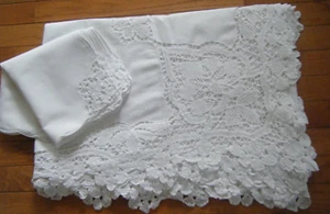 Antique 20s Tablecloth linen +10napkins decor w handmade tape lace floral design - Picture 1 of 10