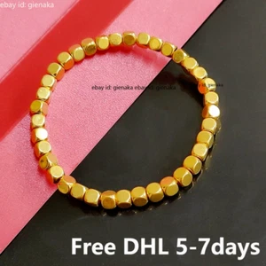 Pure 999 24K Yellow Gold 3D Lucky 4mm Square Beads Bracelet Men Women Bangle - Picture 1 of 3