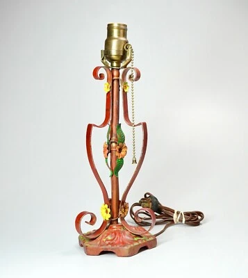 Vtg Hand Painted Cast Iron Desk Table Lamp Red Flowers AS IS FOR REPAIR 14" H - Image 1 of 4