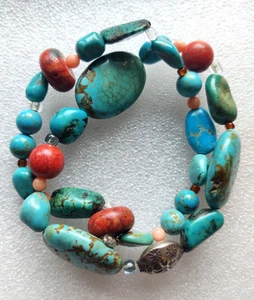 Vintage Peyote Bird signed Bracelet Sterling 925 Blue Green Turquoise Red Coral - Picture 1 of 6