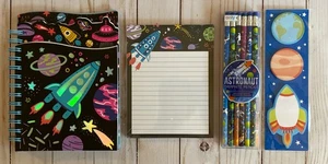 Space Set Notebook 110 Sheets + Notepad + Pencils + Small 3 Pack Note Paper Gene - Picture 1 of 7