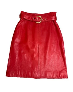 VTG 80s Wilson’s Leather Red Leather Belted High Waisted Knee Length Skirt 4 - Picture 1 of 15