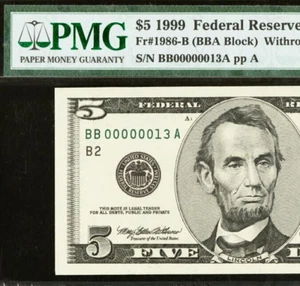 1999 $5 Federal Reserve Note PMG 64EPQ - Very Low Serial Number 13 - 00000013 - Picture 1 of 3