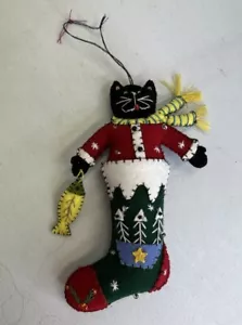 Black Cat In Stocking Felt Christmas Ornament 6.5” with Fish - Picture 1 of 5