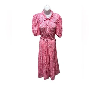 Elan Cotton Tiered Shirt Dress Pink Floral M Belted Puff SS Prairie Cottagecore - Picture 1 of 11