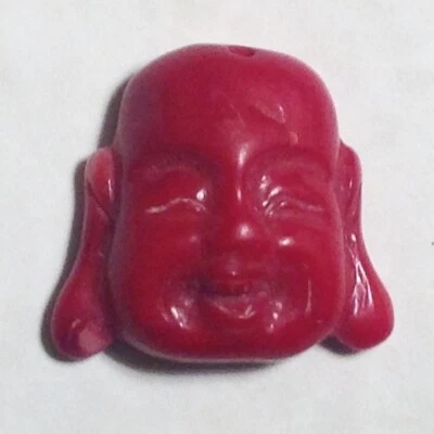 ~ VINTAGE CHINESE CARVED RED CORAL PENDANT ~ FACE OF THE HAPPY BUDDHA - Image 1 of 2
