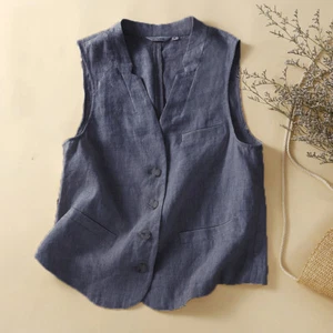 Unisex Linen Jacket V Neck Sleeveless Waistcoat Solid Color Loose Retro - Picture 1 of 16
