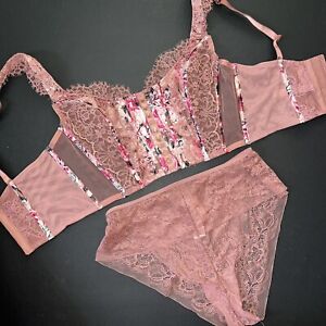 Victoria's Secret longline 34DD S-DD BRA SET CORSET TOP M pink ROSE brown Lace
