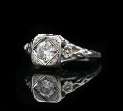 Old Vintage Style Solitaire Lab-Created Diamond 935 Argentium Silver Women Ring - Image 1 of 4