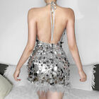 Sexy Hang Neck V Collar Backless Sequin Faux Fur Patchwork Party Dress Womens