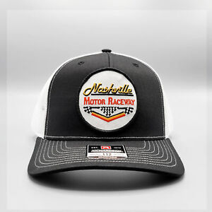 Nashville Raceway Trucker Hat, Retro Nascar Patch on Black-White Richardson 112