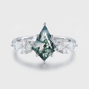 Alianza de boda anillo de ágata musgo verde cometa anillo único de plata de ley 925 - Imagen 1 de 7